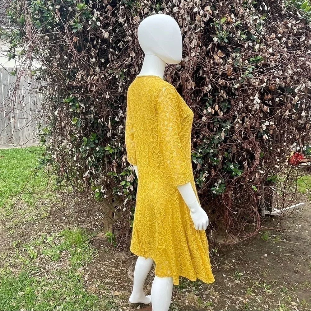 L & B Lucky & Blessed Lace Overlay Lined Mustard Yellow Midi Dress